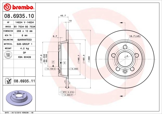 Tarcza hamulcowa, COATED DISC LINE 08.6935.11 BREMBO