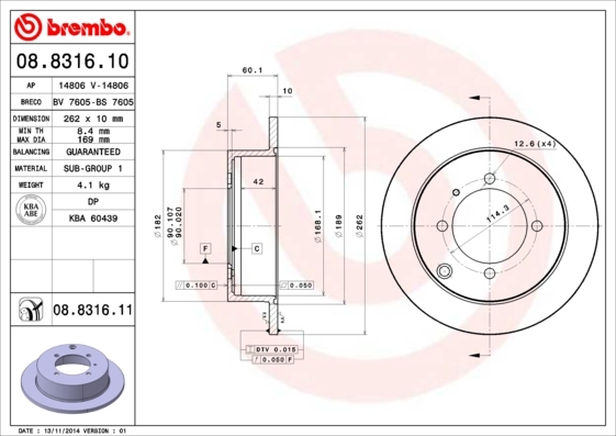 Tarcza hamulcowa, COATED DISC LINE 08.8316.11 BREMBO