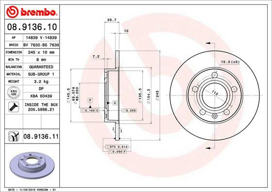 Tarcza hamulcowa 08.9136.10 BREMBO