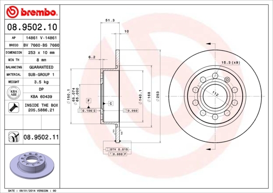 Tarcza hamulcowa, COATED DISC LINE 08.9502.11 BREMBO