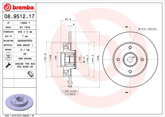 Tarcza hamulcowa, BEARING DISC LINE 08.9512.17 BREMBO
