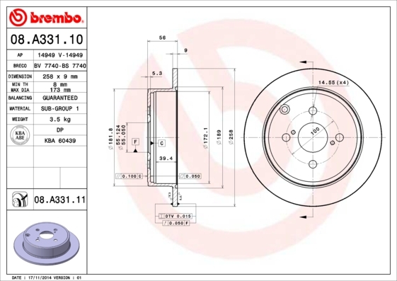 Tarcza hamulcowa 08.A331.10 BREMBO