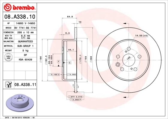 Tarcza hamulcowa, COATED DISC LINE 08.A338.11 BREMBO