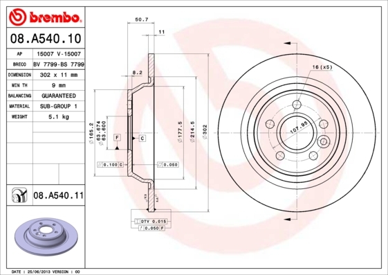 Tarcza hamulcowa, COATED DISC LINE 08.A540.11 BREMBO