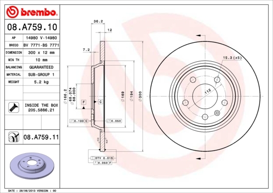 Tarcza hamulcowa, COATED DISC LINE 08.A759.11 BREMBO
