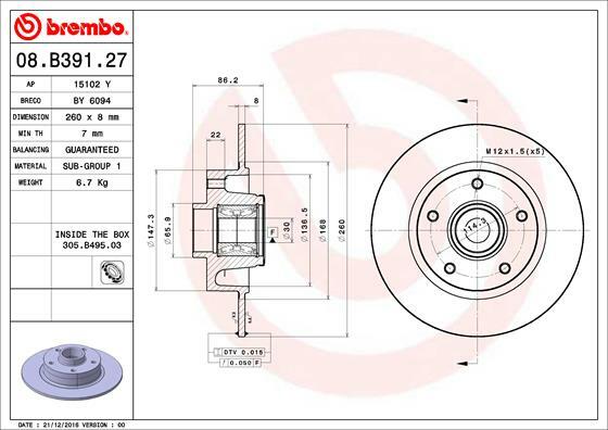 Tarcza hamulcowa, BEARING DISC LINE 08.B391.27 BREMBO