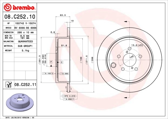 Tarcza hamulcowa, COATED DISC LINE 08.C252.11 BREMBO