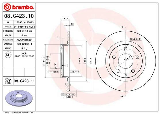 Tarcza hamulcowa, COATED DISC LINE 08.C423.11 BREMBO