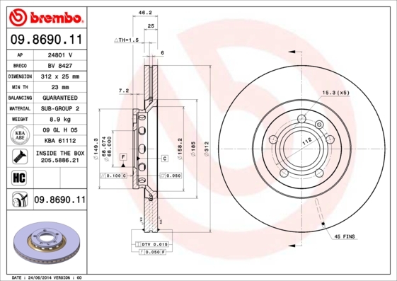 Tarcza hamulcowa, COATED DISC LINE 09.8690.11 BREMBO