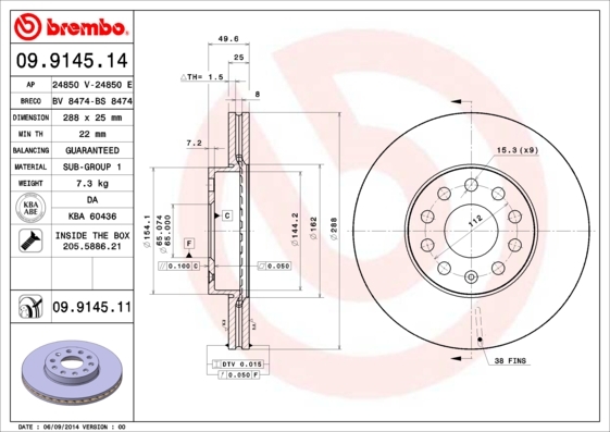 Tarcza hamulcowa, COATED DISC LINE 09.9145.11 BREMBO