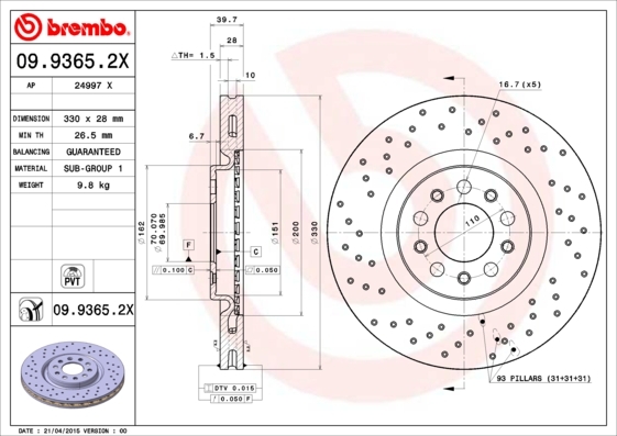 Tarcza hamulcowa, BREMBO XTRA LINE 09.9365.2X BREMBO