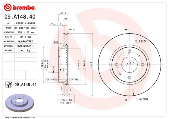 Tarcza hamulcowa, COATED DISC LINE 09.A148.41 BREMBO