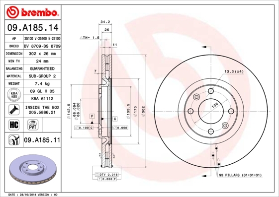 Tarcza hamulcowa 09.A185.14 BREMBO