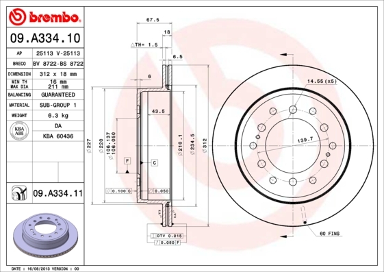 Tarcza hamulcowa, COATED DISC LINE 09.A334.11 BREMBO