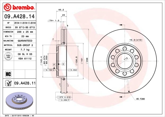 Tarcza hamulcowa, COATED DISC LINE 09.A428.11 BREMBO