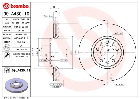 Tarcza hamulcowa, COATED DISC LINE 09.A430.11 BREMBO