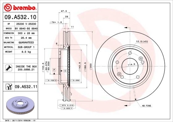 Tarcza hamulcowa, COATED DISC LINE 09.A532.11 BREMBO