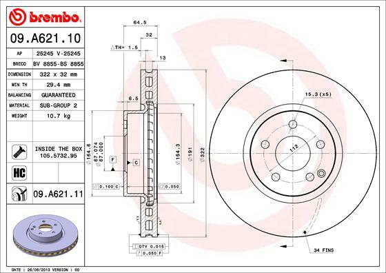 Tarcza hamulcowa, COATED DISC LINE 09.A621.11 BREMBO