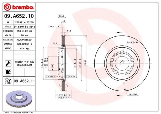 Tarcza hamulcowa, COATED DISC LINE 09.A652.11 BREMBO