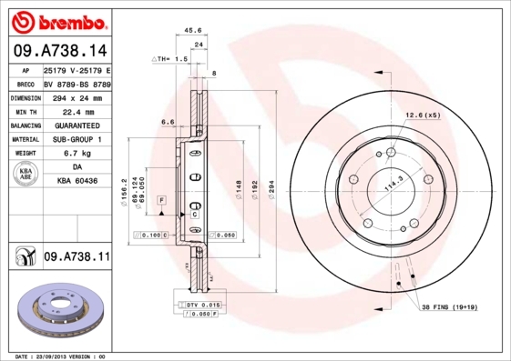 Tarcza hamulcowa 09.A738.14 BREMBO