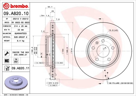 Tarcza hamulcowa, COATED DISC LINE 09.A820.11 BREMBO