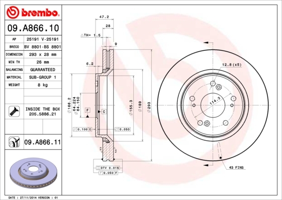 Tarcza hamulcowa, COATED DISC LINE 09.A866.11 BREMBO