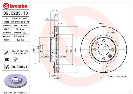 Tarcza hamulcowa, COATED DISC LINE wyprzedaż 09.C285.11 BREMBO